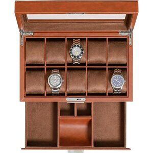 10-Slot Watch Box in Leather with Valet Drawer, Luxury Watch Case Display